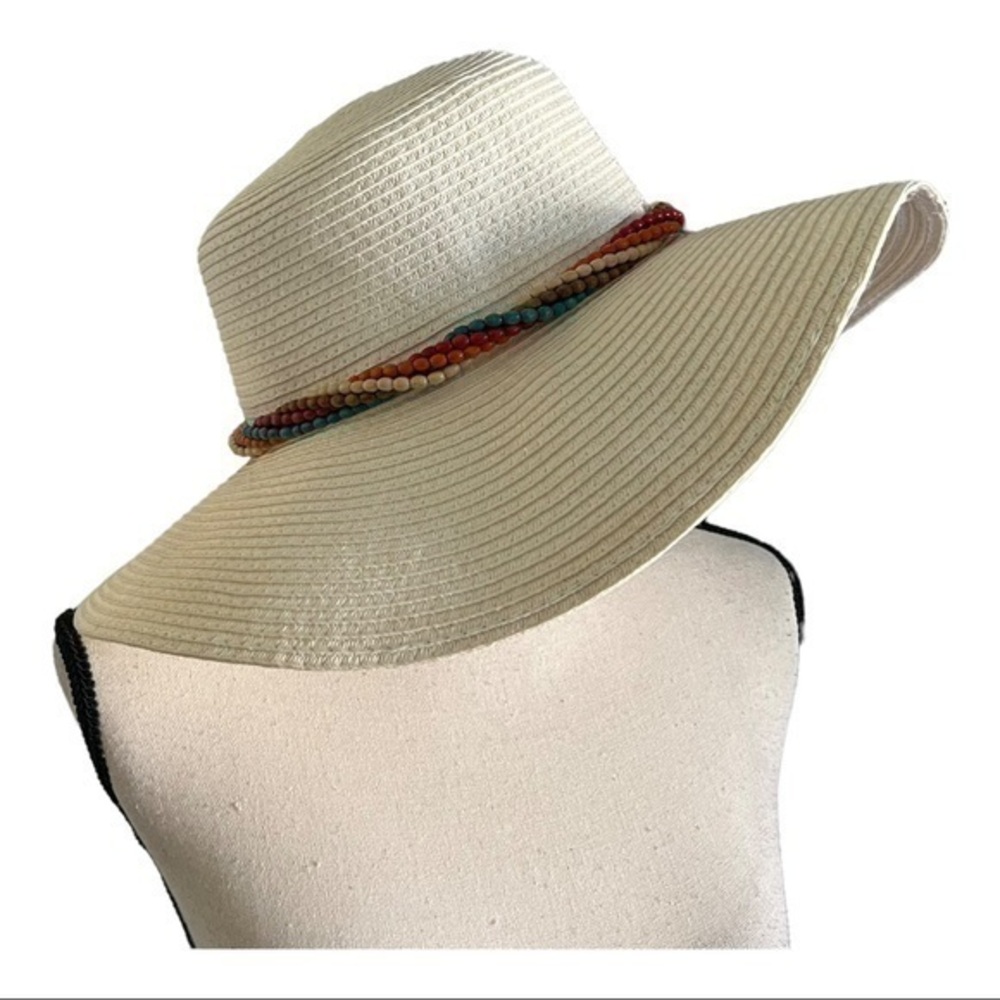 Straw Sun Visor Multi Stranded Beaded Trim Floppy Hat